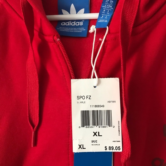 Adidas Originals 3 Stripe — Red Zip-Up Hoodie XL - Picture 4 of 4